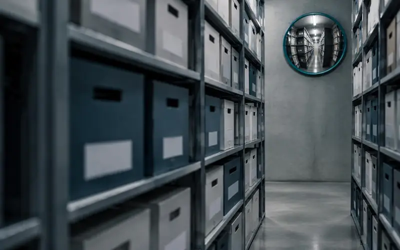 A corporate archive of files with no people and a convex mirror above