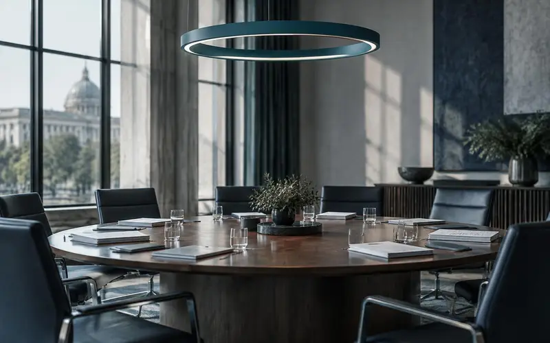 A committee room with an empty round table, under a ring pendant lamp