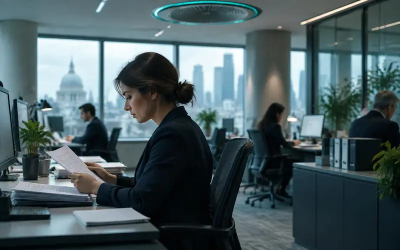 A compliance team floor with someone working in profile, a circular ceiling vent above
