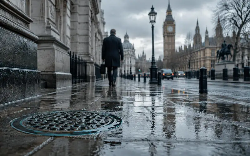 A wet Whitehall street with a figure walking away and a round iron cover set in the pavement