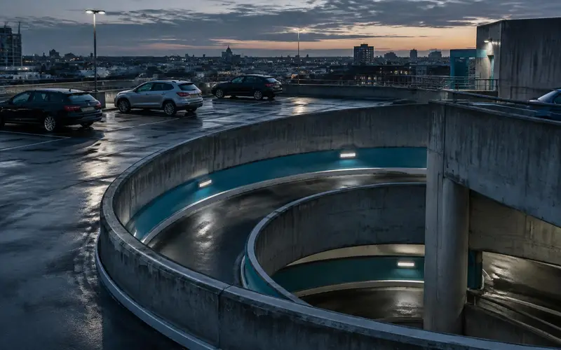 An empty multi-storey car park deck with a spiral vehicle ramp curving away