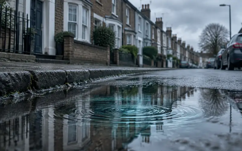 A British street of terraced houses under an overcast sky, with concentric ripples spreading across a shallow puddle in the foreground