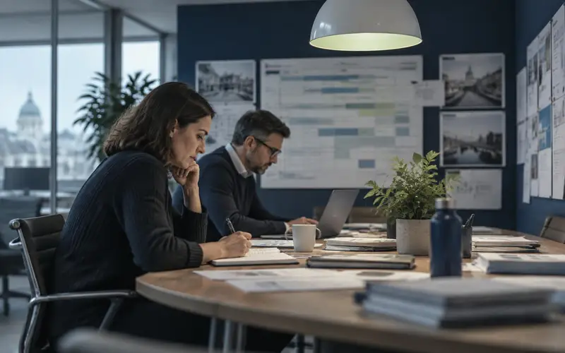 A programme war room with two colleagues in profile, under a domed ceiling light