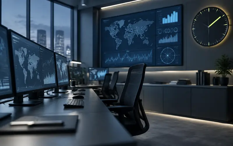 An empty control room with large wall displays showing charts and a world map, and a circular clock on the wall