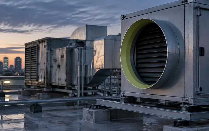 A rooftop plant room at dusk with no people and a circular duct opening