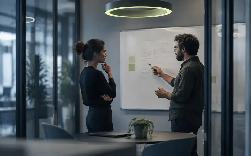 A glass meeting pod with two colleagues standing in profile, under a circular pendant lamp