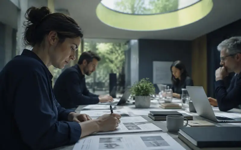 A workshop table covered in documents with one person in profile, under a rooflight