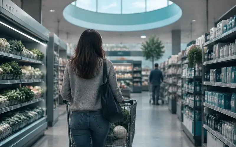 A shopper pushing a trolley down a supermarket aisle, seen from behind, with a circular skylight in the ceiling above