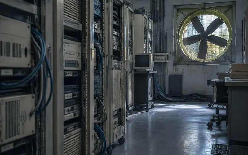 A decommissioned computer room with no people and a round extractor fan in the wall