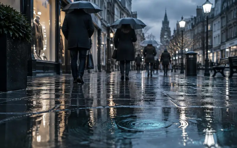 A rainy January high street with umbrellas seen from behind and ripples spreading in a puddle