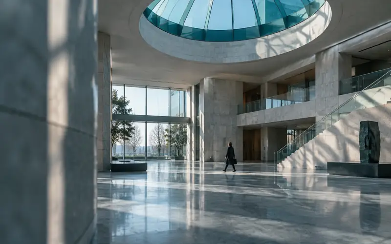 A modern institutional atrium in daylight, stone and glass, with a circular roof lantern overhead and one figure crossing the floor in the distance