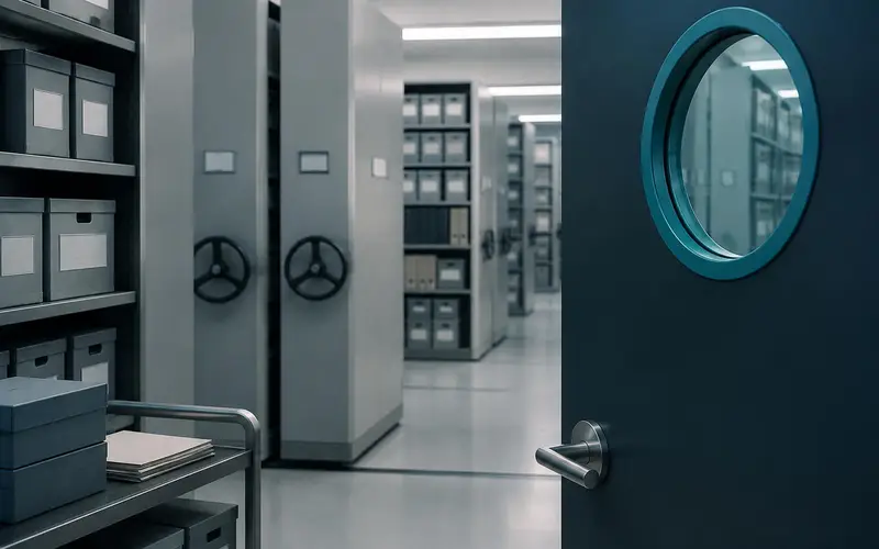 A bank archive of rolling shelves with no people, lit through a porthole window